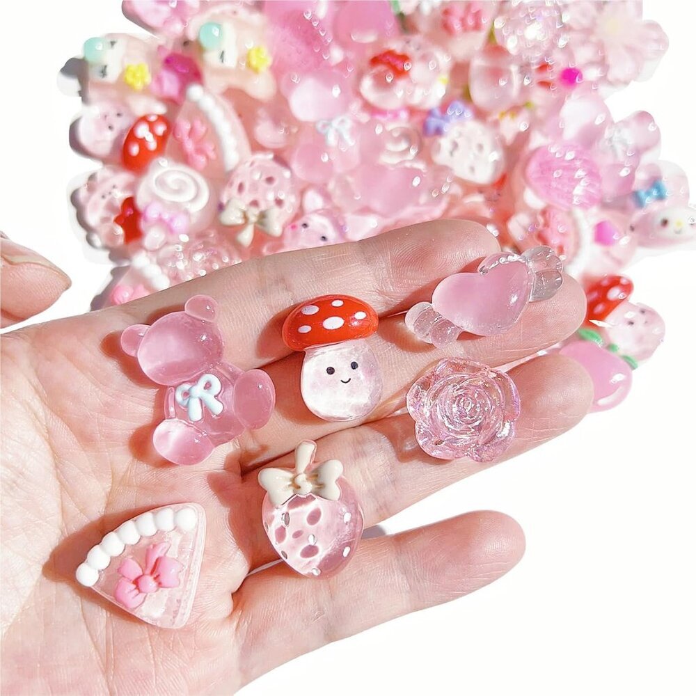 60pcs Cute Set, Pink Flat Back Bulk Mixed Resin Set Ornament Scrapbooking - Picture 2 of 5